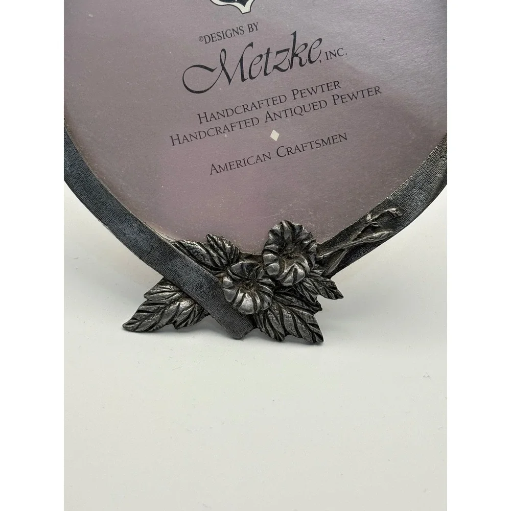 Vintage Metzke Pewter Heart Picture Frame Hummgingbird Floral Morning Glory
